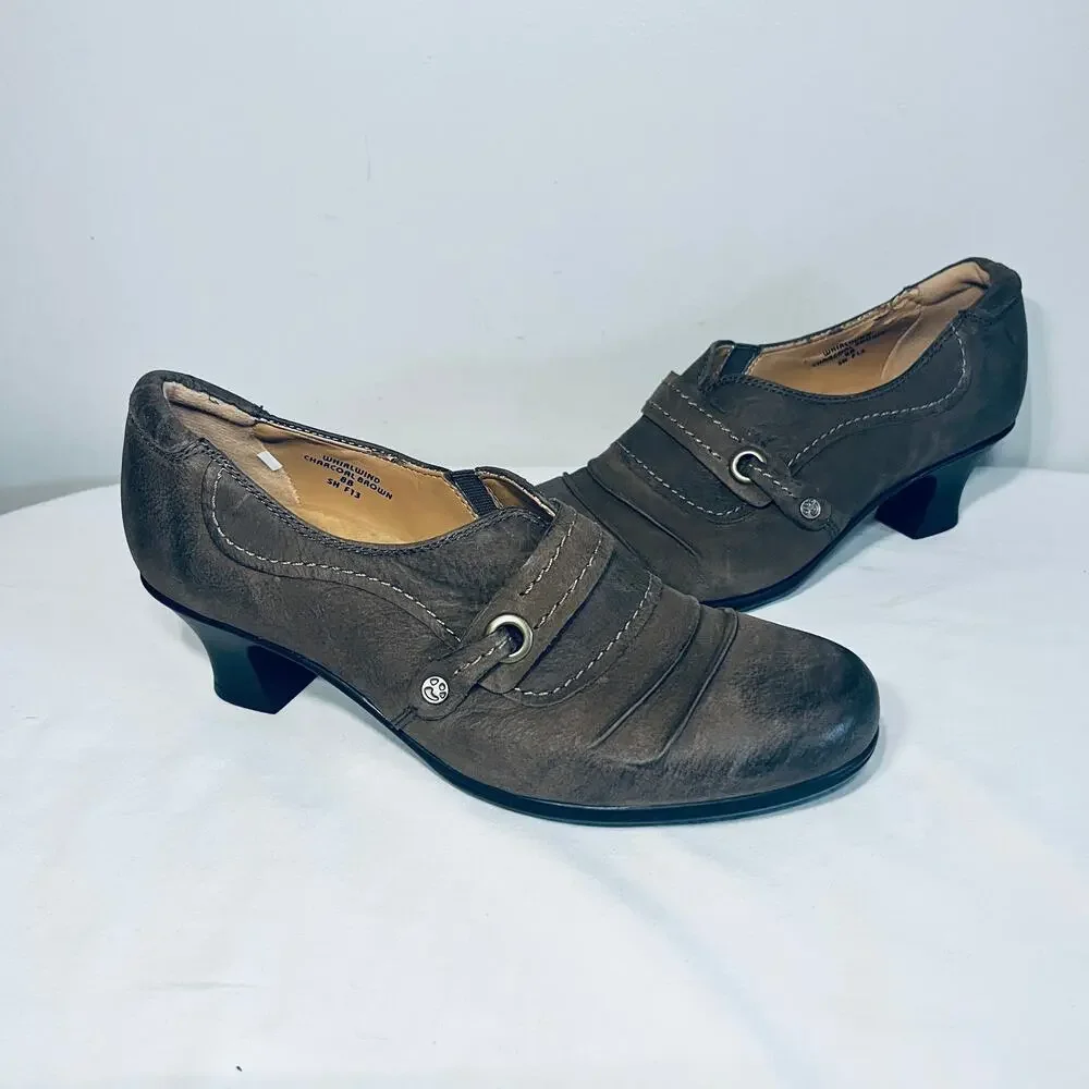 Earth Shoe Whirlwind Charcoal Brown Leather Granny Ankle Booties Heels Grunge 8B